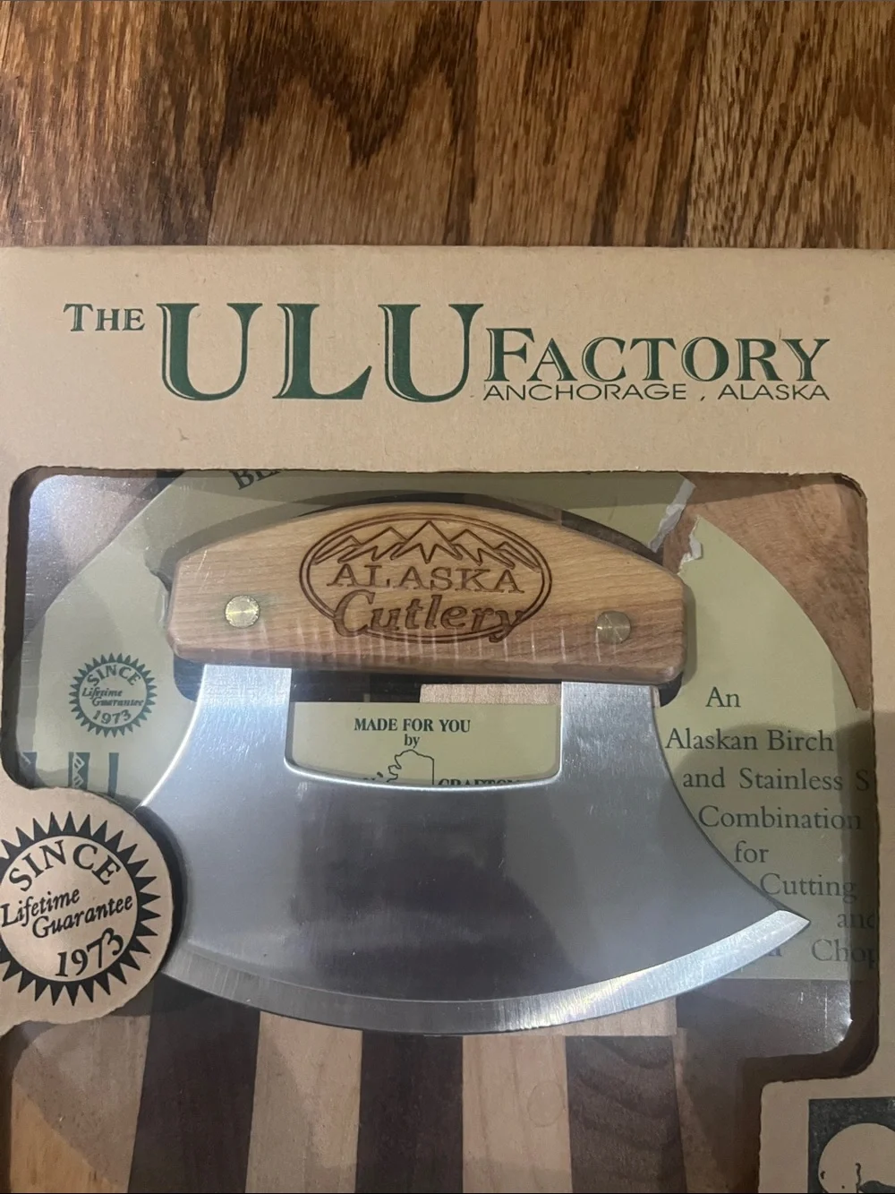 Ulu Alaska Cutlery Birch Handle Mezzaluna - Wood & Silver